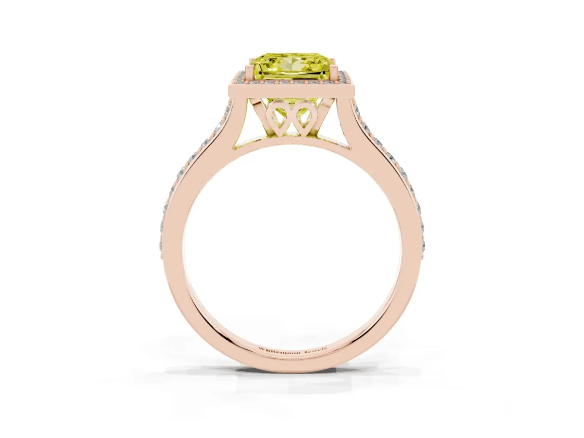 Fancy Yellow Princess Cut Diamond Halo Engagement Ring with Round Pavé Shoulders and Prong Setting Rose gold
