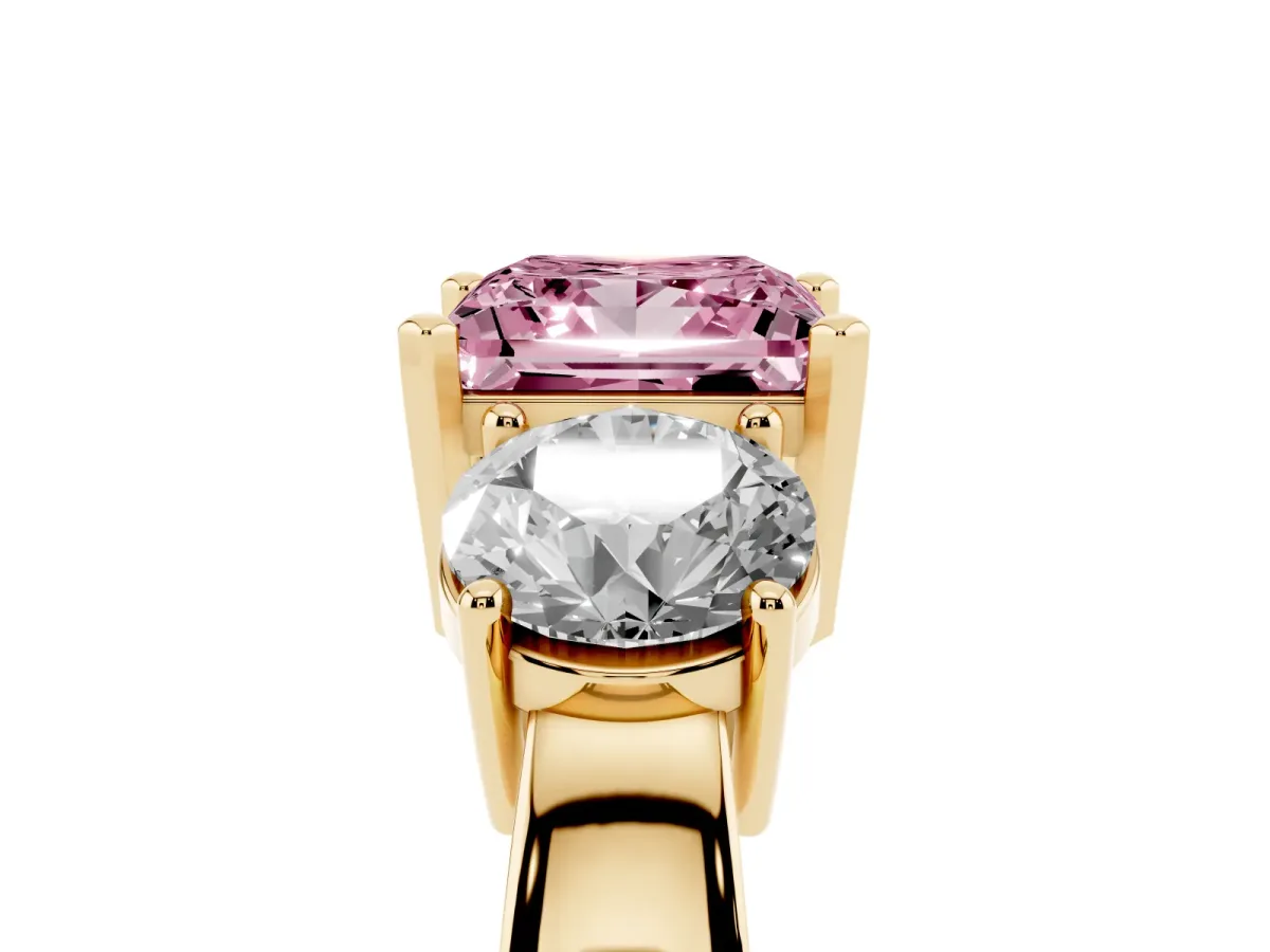 Fancy Pink Three-Stone Princess Cut Diamond Ring with Round Side Stones, Classic Band, and Four-Prong Setting Yellow gold