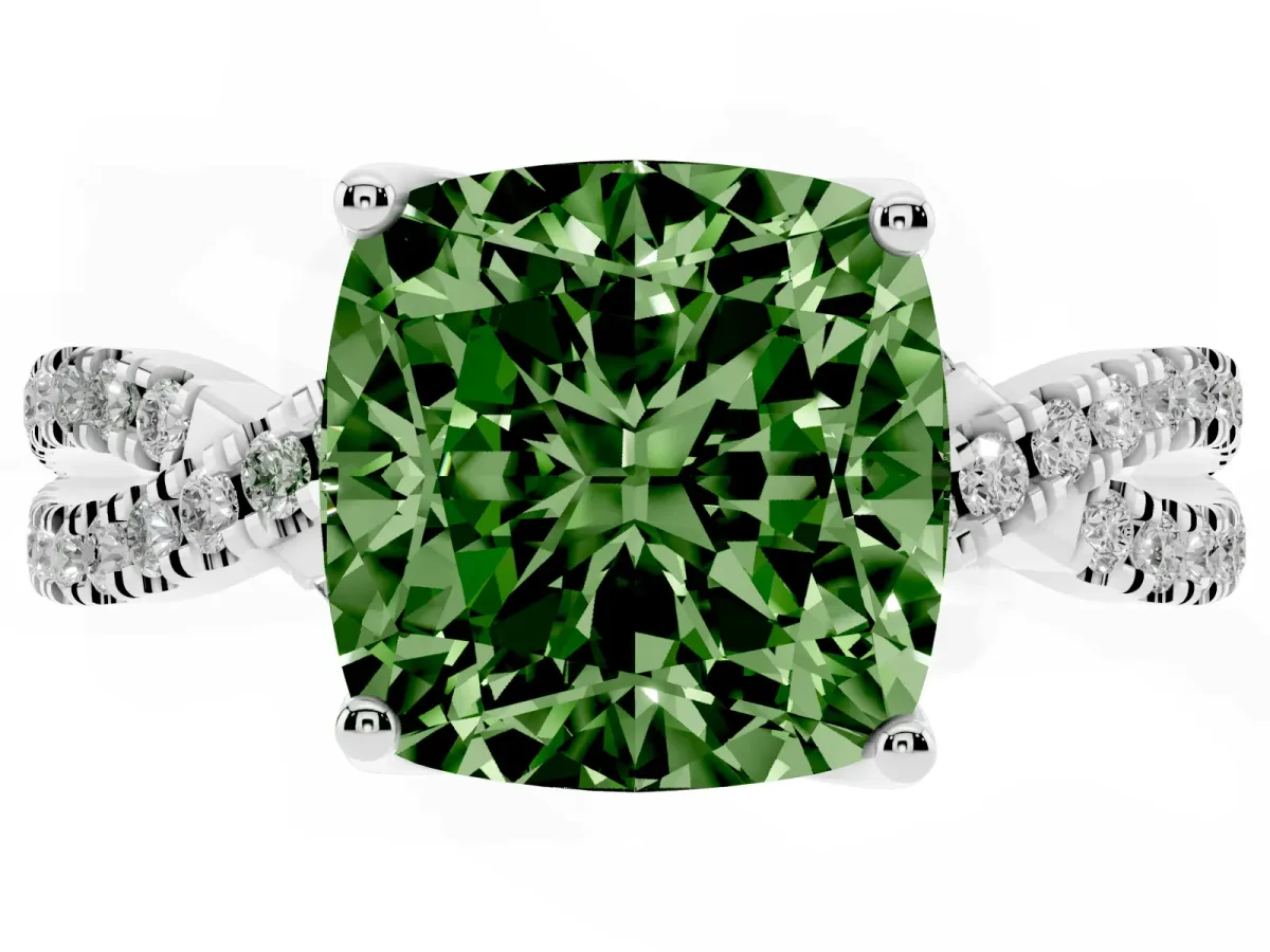 Fancy Green Cushion Cut Solitaire Twist Pave Diamond Engagement Ring with Prong Setting Silver