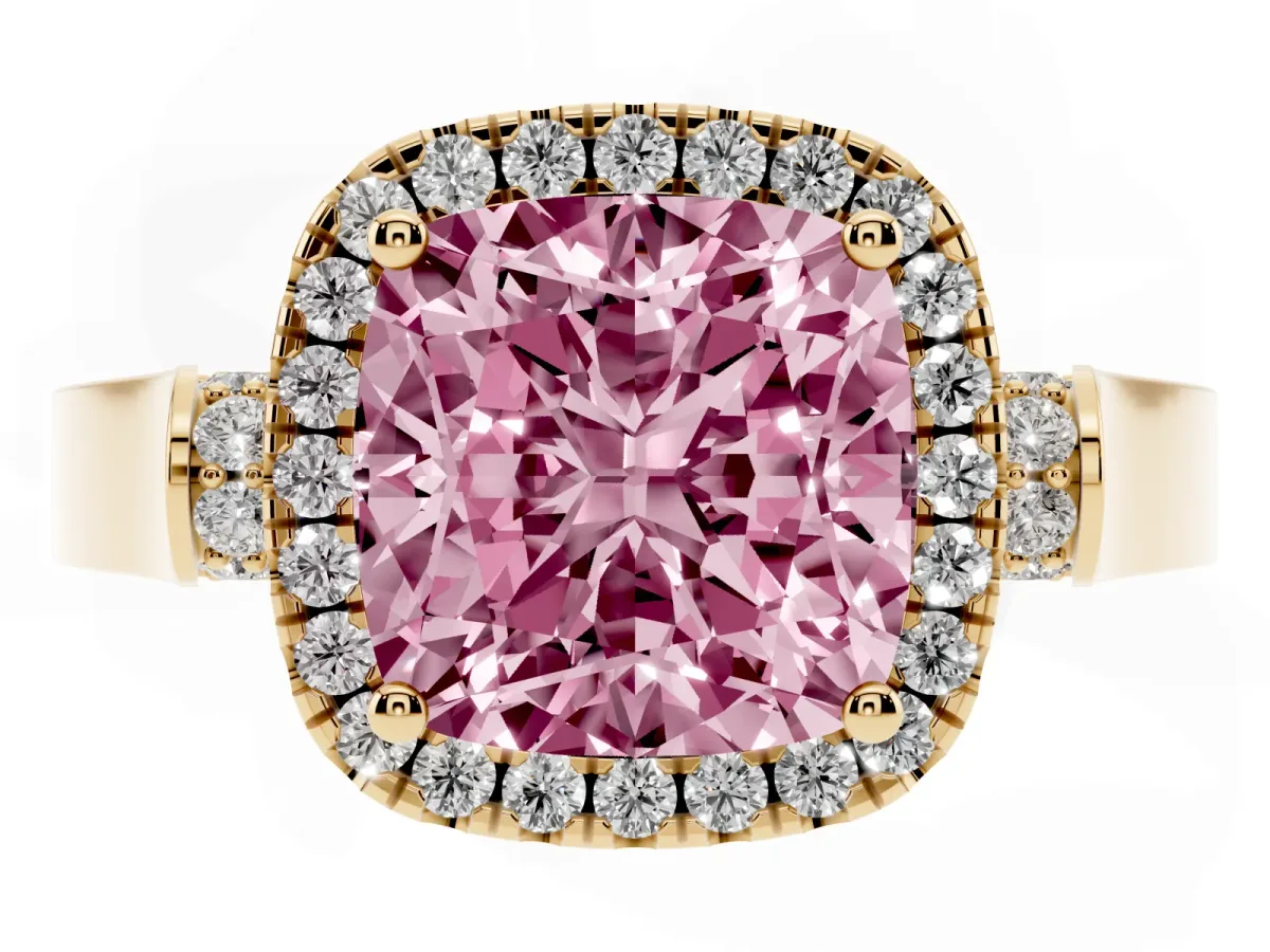 Fancy Pink Cushion Cut Halo Pave Split Shank Prong Setting Ring Yellow gold