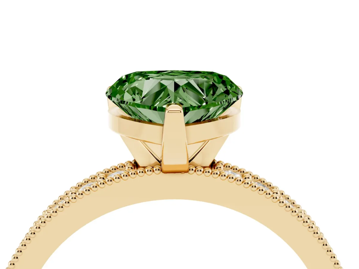 Fancy Green Heart Cut Diamond Milgrain Pavé Engagement Ring with Four-Prong Setting Yellow gold