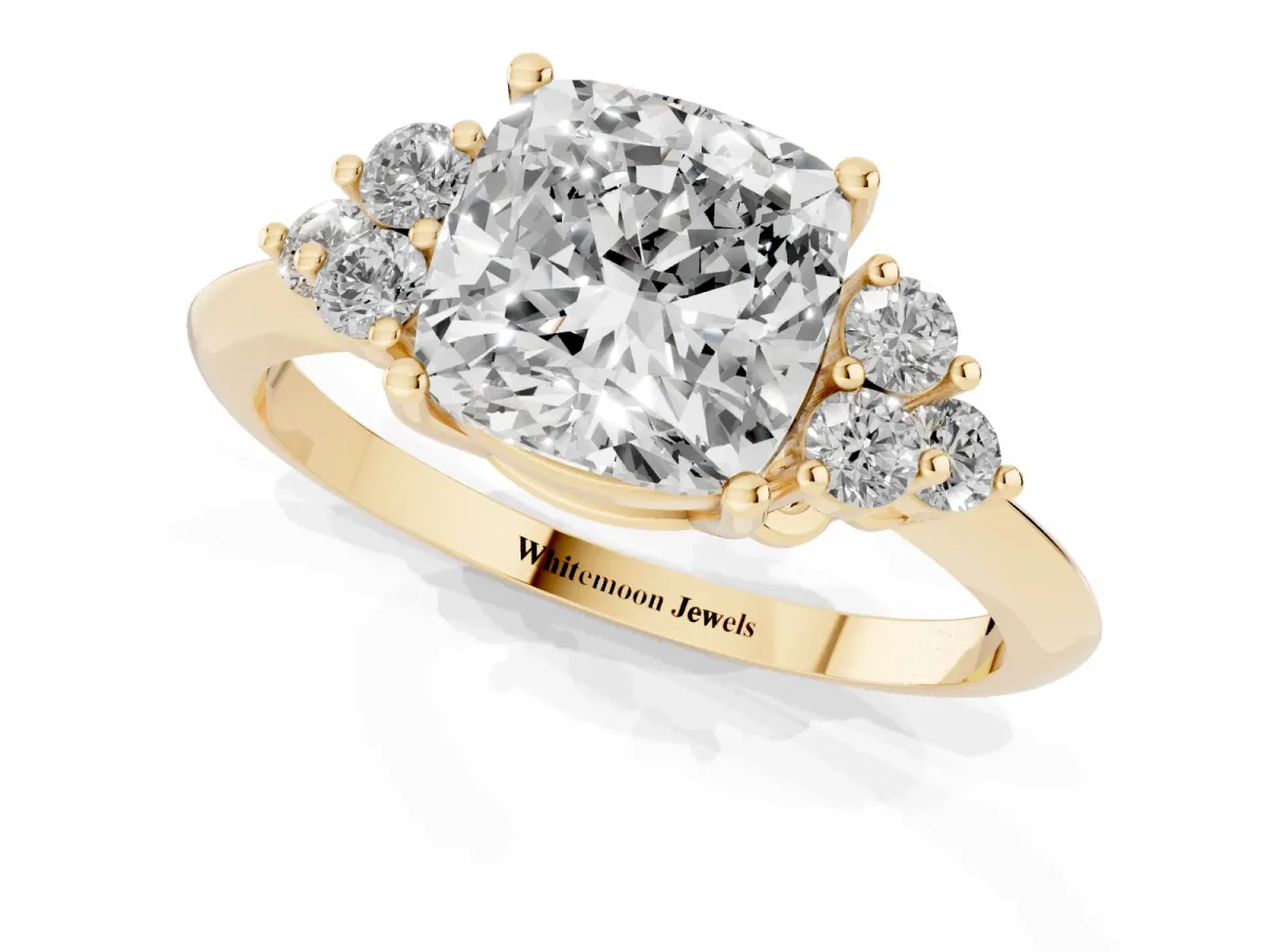 Cushion Cut Cut Diamond Cluster Ring with Solitaire Band and Four-Prong Setting Yellow gold