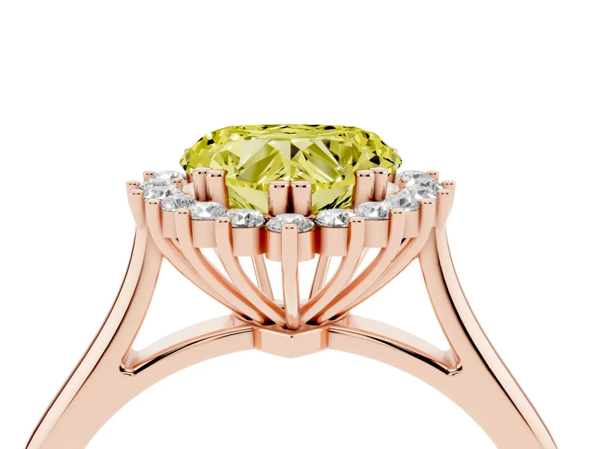 Fancy Yellow Heart Cut Cut Diamond Halo Ring with Solitaire Band and Prong Setting Rose gold