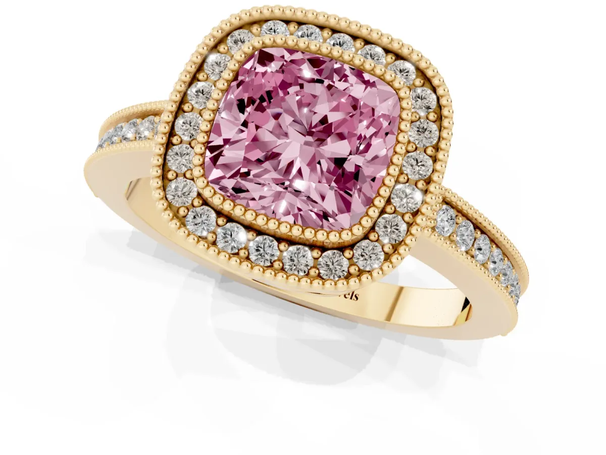 Fancy Pink Cushion Cut Cut Halo Diamond Ring with Pavé Band and Milgrain Prong Setting Yellow gold