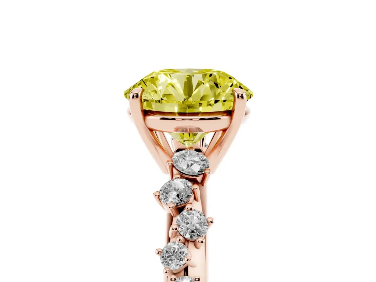Fancy Yellow Round Cut Diamond Cluster Side Stone Solitaire Ring with Prong Setting Rose gold