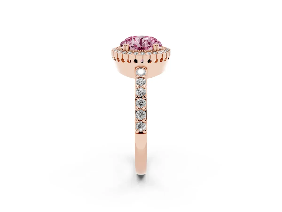 Fancy Pink Round Cut Cut Diamond Halo Engagement Ring with Milgrain Detail and Pavé Band Rose gold
