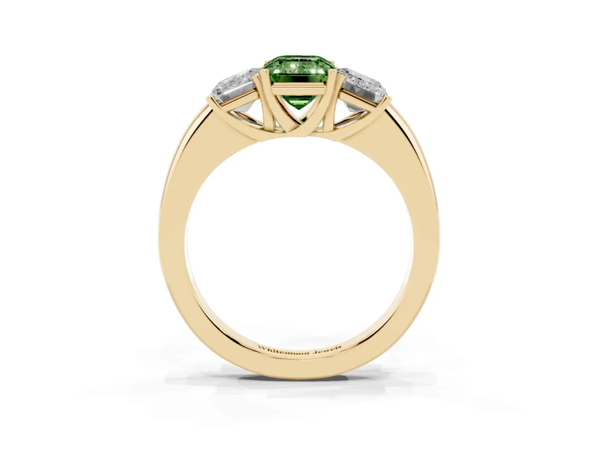 Fancy Green Emerald Cut Diamond Three-Stone Ring with Four-Prong Setting and Classic Band Yellow gold