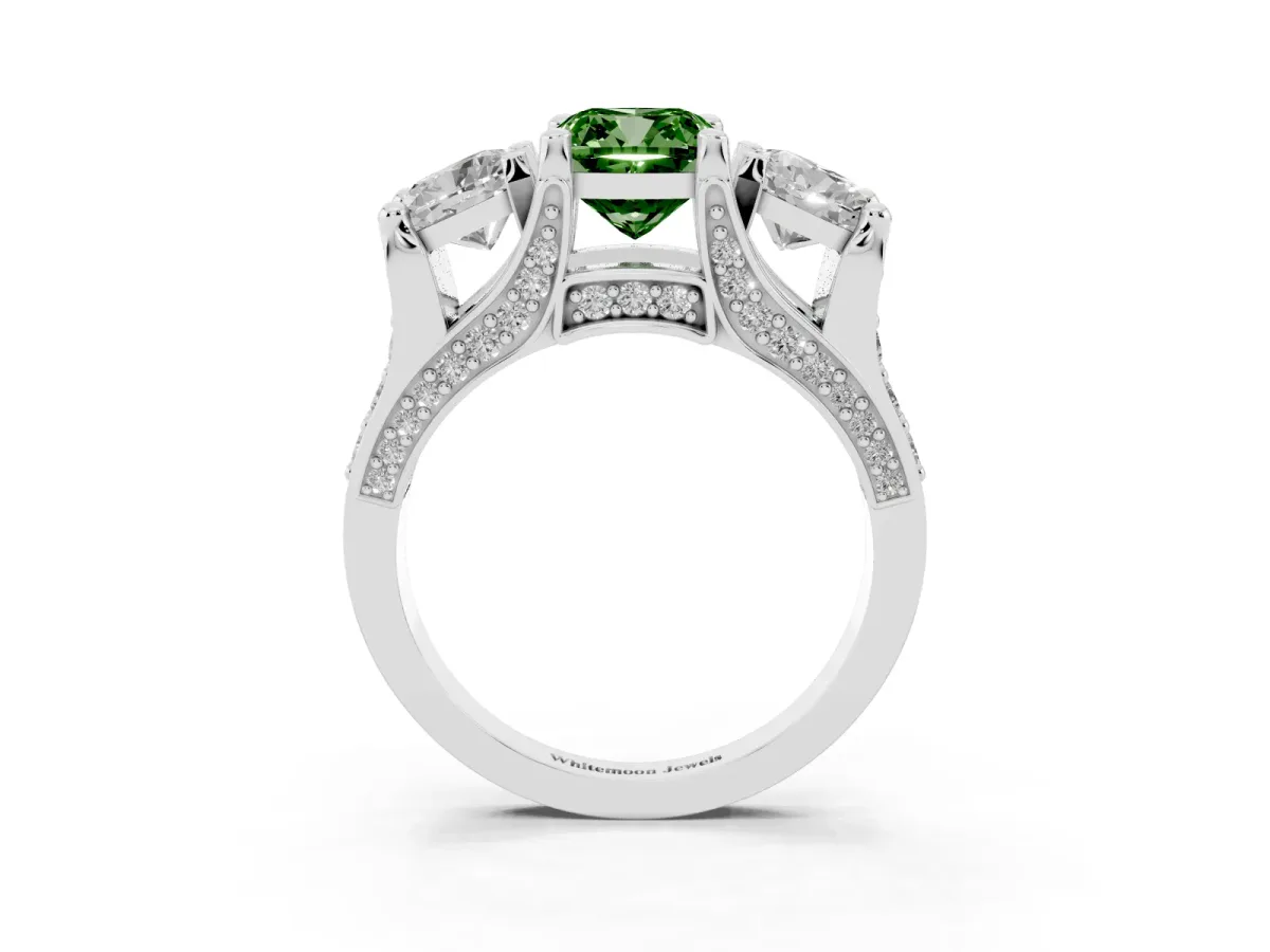Fancy Green Cushion Cut Diamond Three-Stone Ring with Channel Set Band and Four-Prong Setting Silver