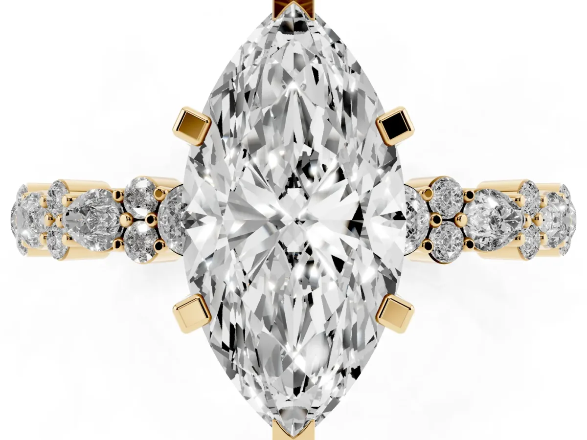 Marquise Cut Diamond Side Stone Solitaire Ring with Round and Four-Prong Setting Yellow gold