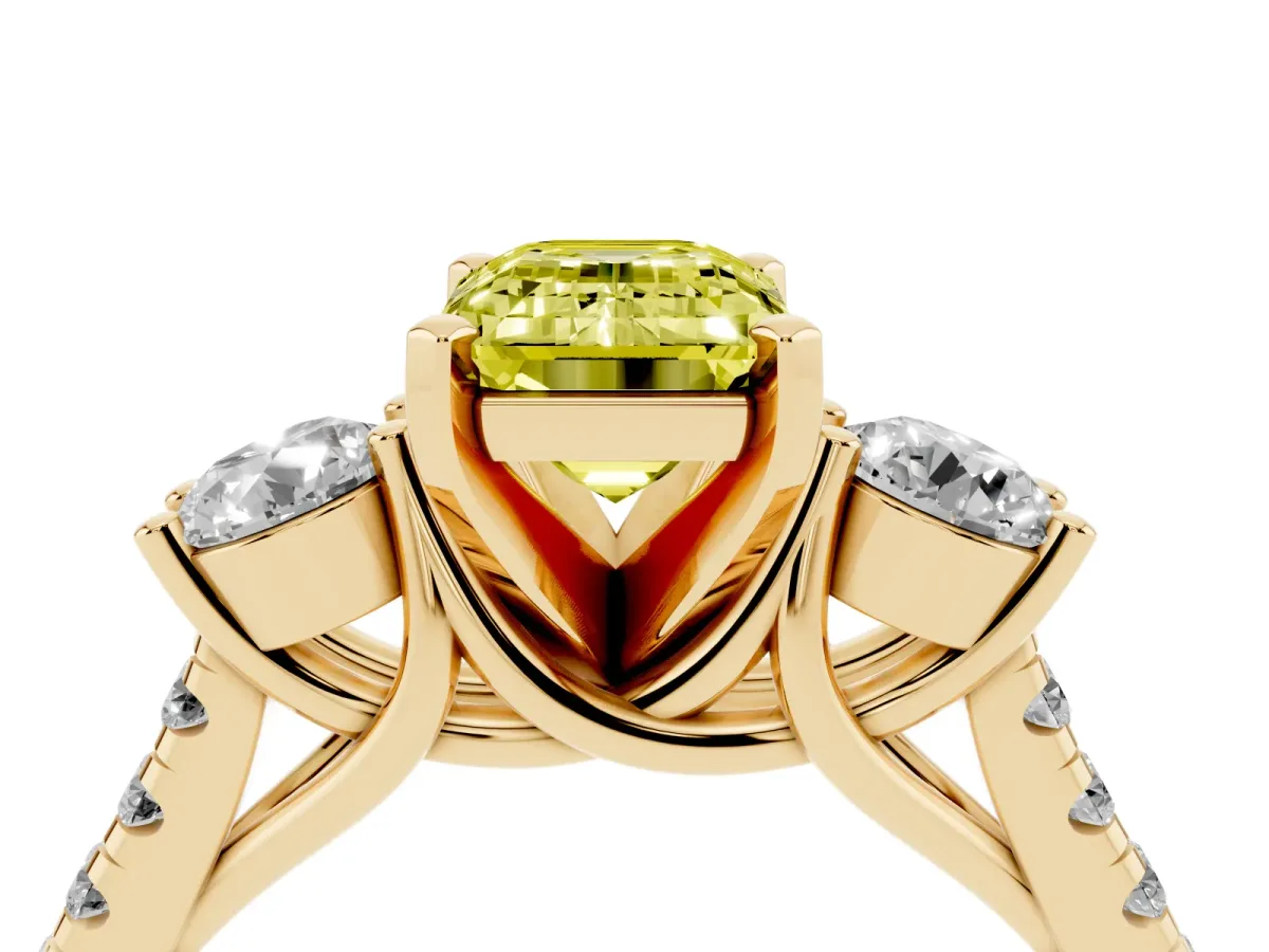 Fancy Yellow Three-Stone Emerald Cut Diamond Pavé Band with Four-Prong Setting Yellow gold