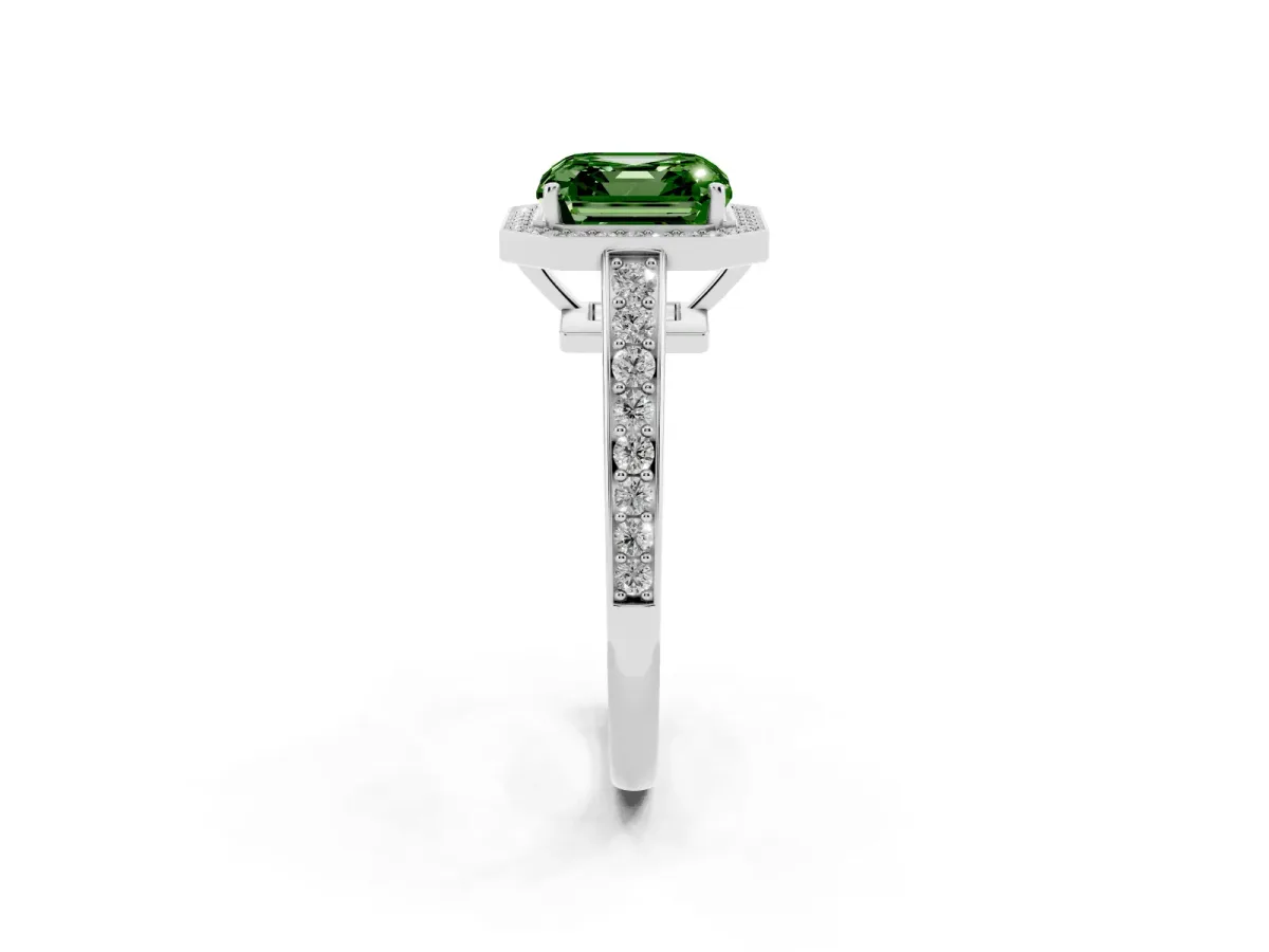 Fancy Green Asscher Cut Halo Pavé Diamond Engagement Ring with Bezel Setting Platinum