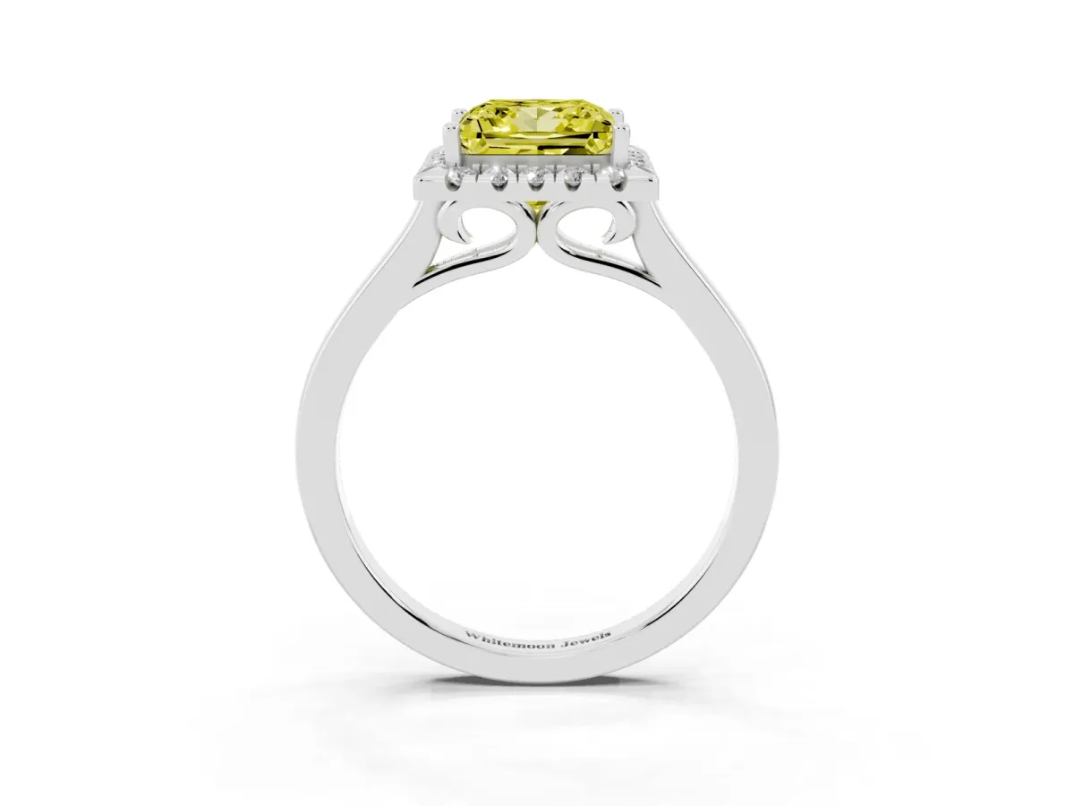 Fancy Yellow Princess Cut Halo Round Diamond Solitaire Ring with Pavé Band and Four-Prong Setting White gold