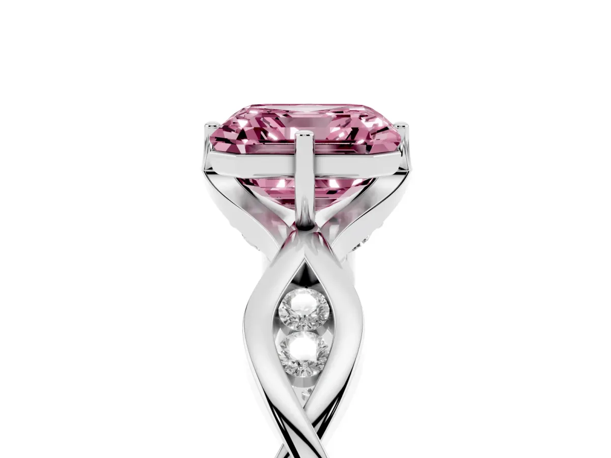 Fancy Pink Asscher Cut Solitaire Twist Band with Leaf Prong Setting Silver