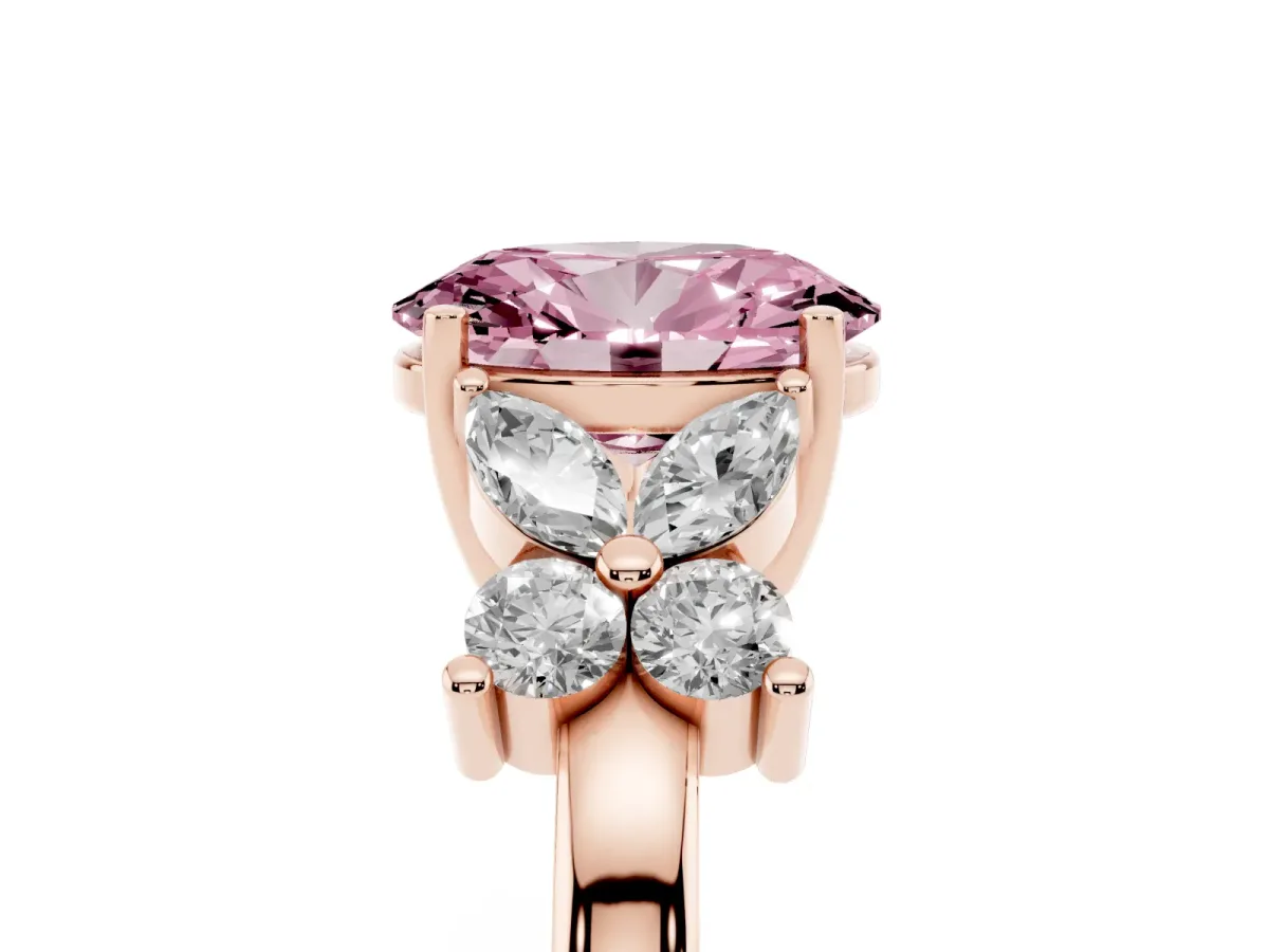 Fancy Pink Oval Cut Diamond Floral Cluster Ring with Solitaire Band and Prong Setting Rose gold