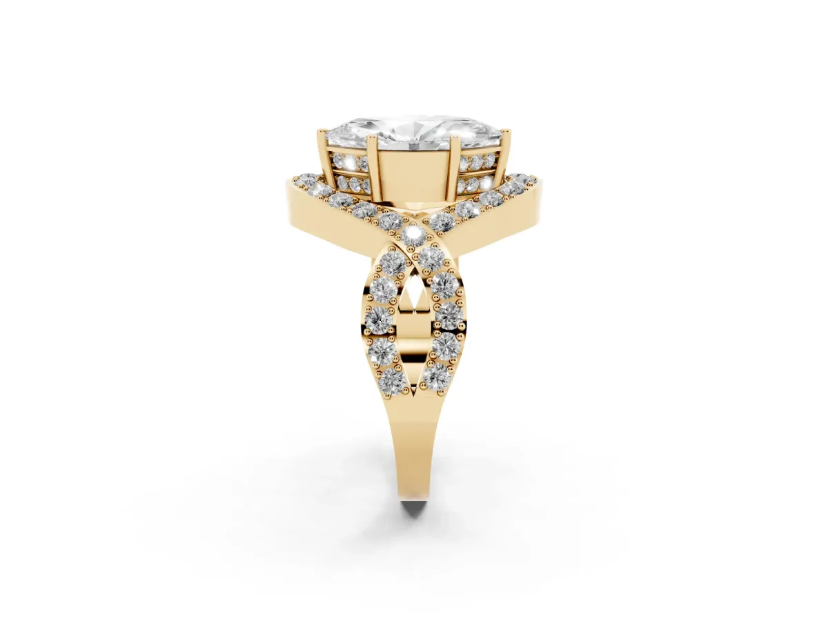 Marquise Cut Solitaire Twist Band Pavé Diamond Engagement Ring Yellow gold