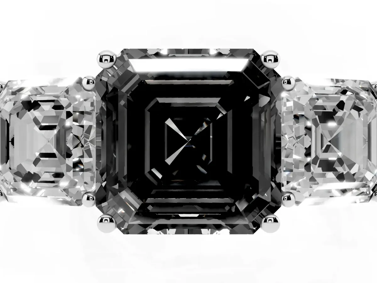 Fancy Black Three-Stone Asscher Cut Cut Diamond Engagement Ring with Flat Band and Four-Prong Setting Silver
