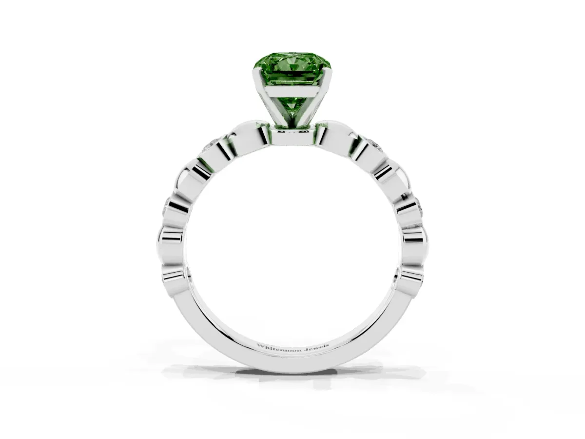 Fancy Green Radiant Cut Solitaire Bezel-Set Diamond Ring with Beaded Band and Four-Prong Setting Silver
