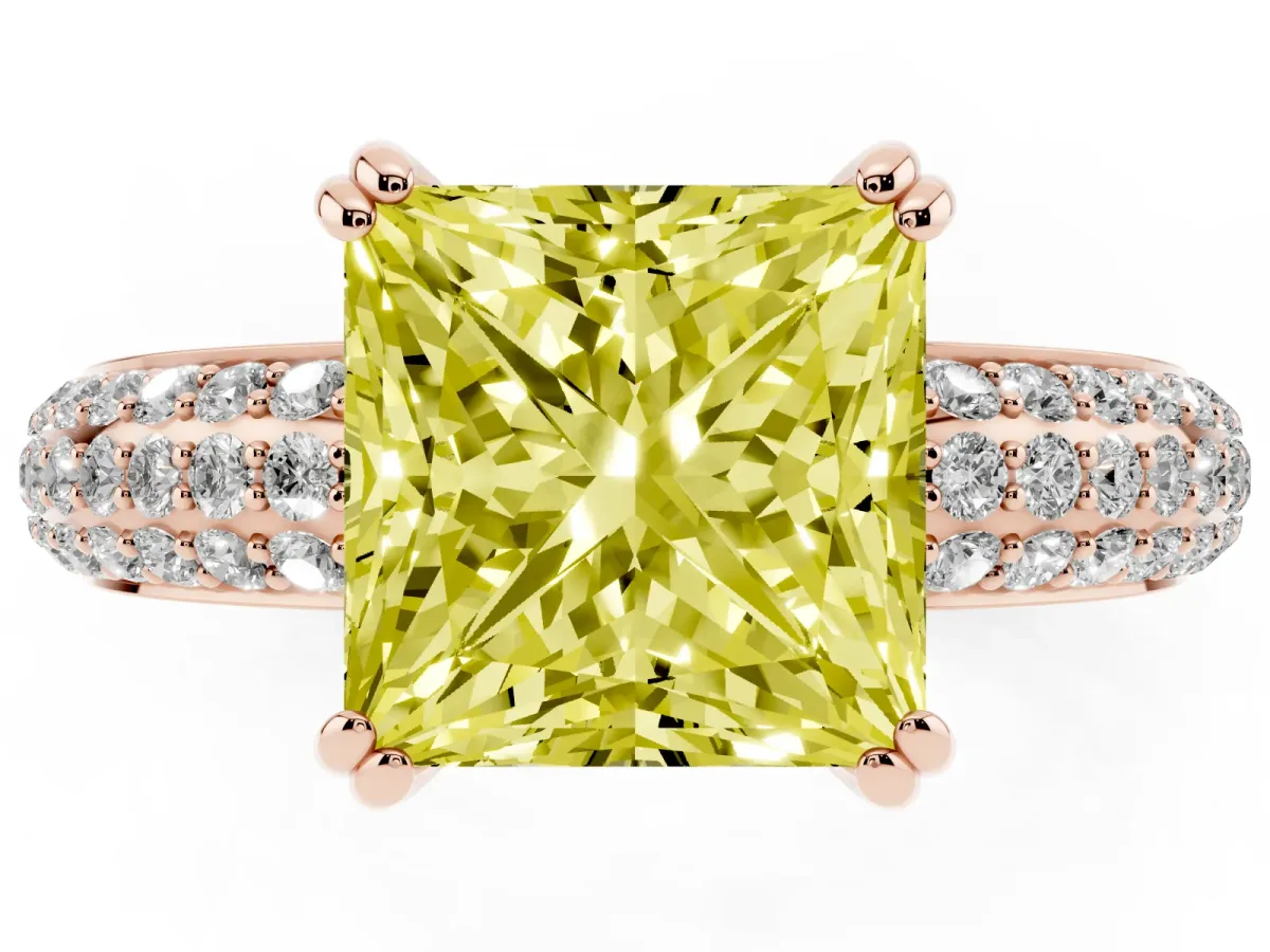 Fancy Yellow Princess Cut Diamond Solitaire Ring with Multi-Row Round Pavé Band and Prong Setting Rose gold