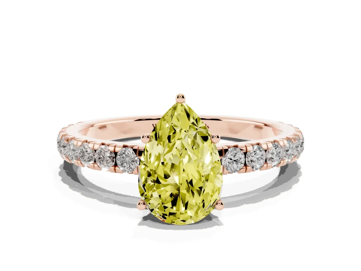 Fancy Yellow Pear Cut Diamond Pavé Solitaire Engagement Ring with Four-Prong Setting Rose gold