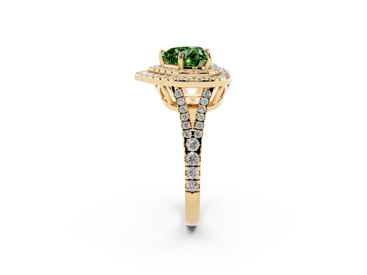 Fancy Green Heart Cut Diamond Double Halo Ring with Pavé Band and Prong Setting Yellow gold