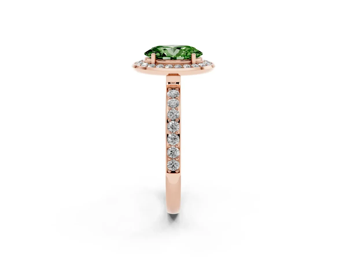 Fancy Green Oval Cut Diamond Halo Ring with Bezel Frame and Pavé Band Rose gold