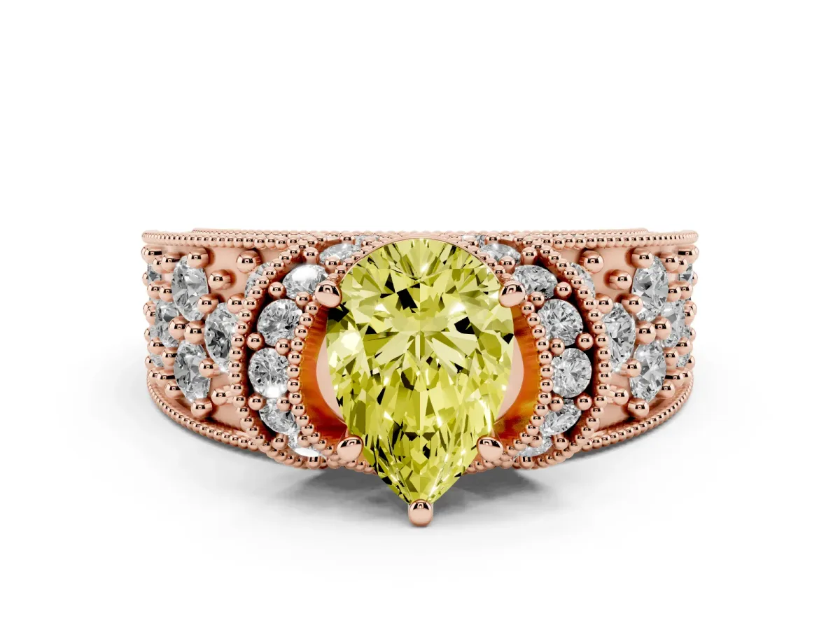 Fancy Yellow Pear Cut Halo Pave Diamond Engagement Ring with Milgrain Detailing Rose gold