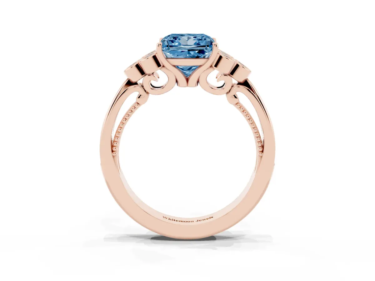 Fancy Blue Princess Cut Cut Diamond Engagement Ring with Bezel Set Round Side Stones and Prong Setting Rose gold
