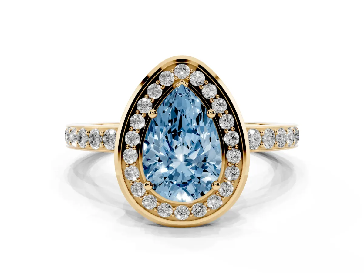 Fancy Blue Pear Cut Diamond Halo Ring with Bezel Frame and Pavé Band Yellow gold