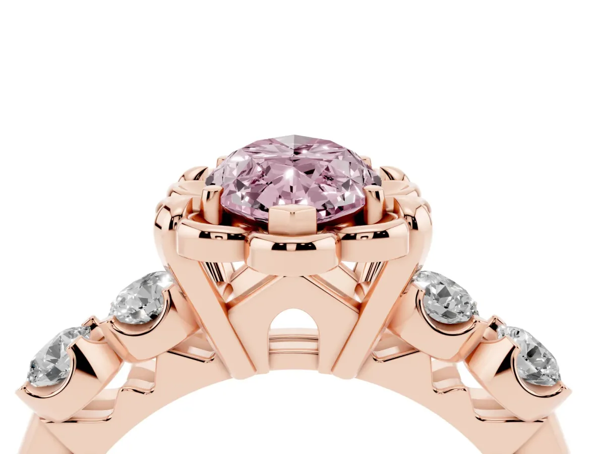 Fancy Pink Marquise Cut Cut Diamond Floral Halo Engagement Ring with Shared Prong Setting Rose gold