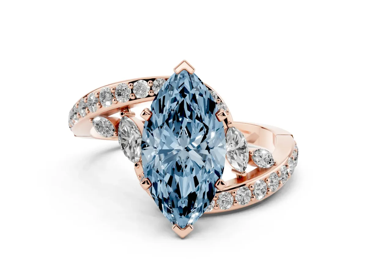 Fancy Blue Marquise Cut Solitaire with Pavé Twist Band and Four-Prong Setting Rose gold