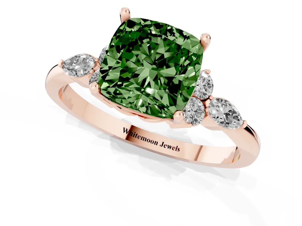 Fancy Green Cushion Cut Brilliant Diamond Solitaire Ring with Pear Side Stones and Four-Prong Setting Rose gold