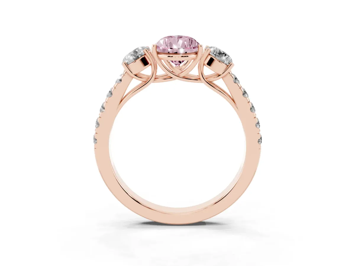 Fancy Pink Pear Cut Cut Diamond Three-Stone Ring with Round Side Stones and Pavé Band Rose gold