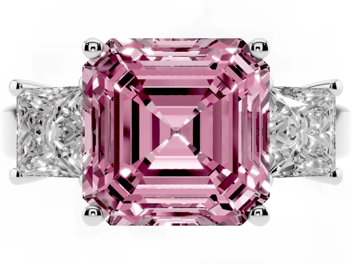 Fancy Pink Three-Stone Asscher Cut Cut Solitaire Ring with Prong Setting Silver