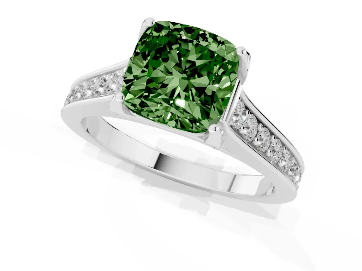 Fancy Green Cushion Cut Brilliant Cut Diamond Engagement Ring with Pavé Band and Four-Prong Setting Platinum