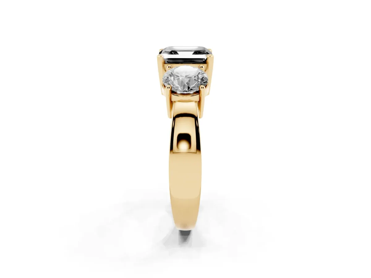 Fancy Black Three-Stone Asscher Cut Diamond Ring with Round Side Stones, Classic Band, and Four-Prong Setting Yellow gold