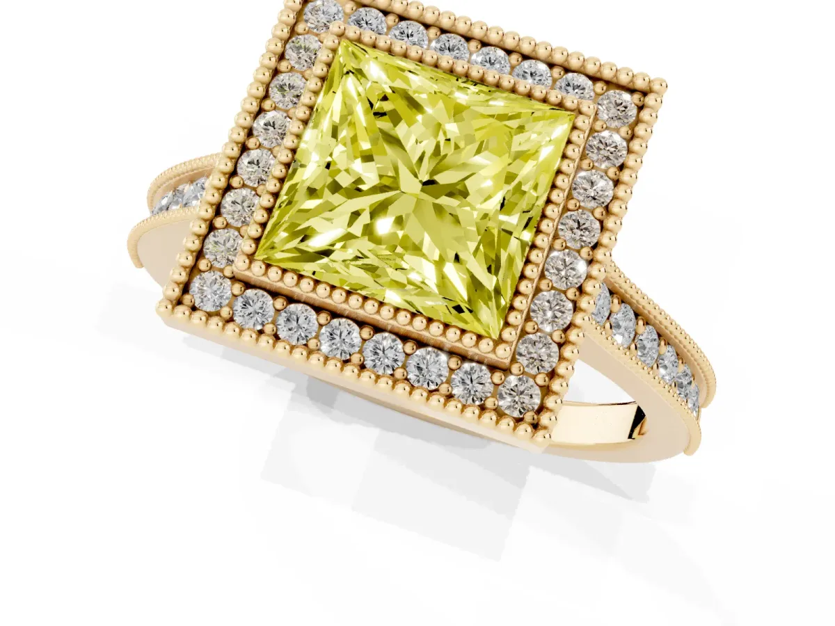 Fancy Yellow Halo Princess Cut-Cut Diamond Pave Band Milgrain Prong Setting Ring Yellow gold