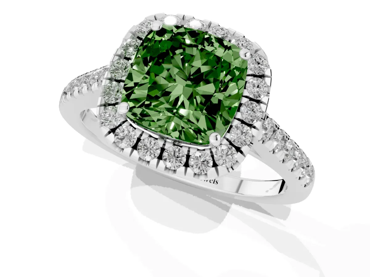Fancy Green Cushion Cut Halo Pavé Diamond Engagement Ring with Four-Prong Setting White gold