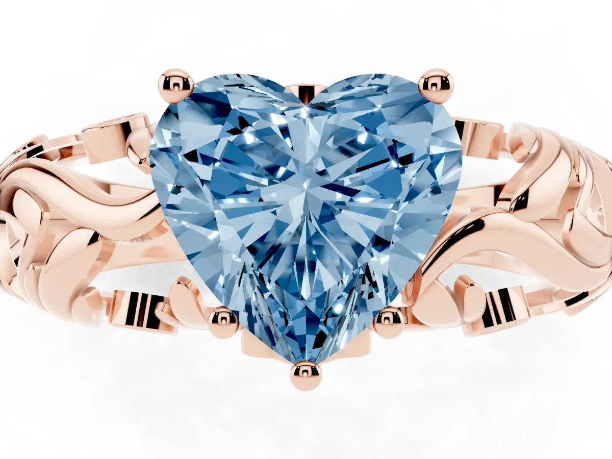 Fancy Blue Heart Cut Solitaire Diamond Leaf-Inspired Vine Band Ring with Prong Setting Rose gold