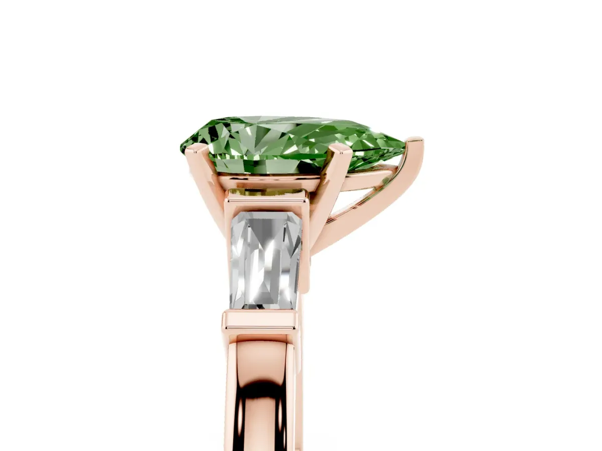 Fancy Green Pear Cut Cut Diamond Solitaire Ring with Tapered Baguette Accents and Four-Prong Setting Rose gold