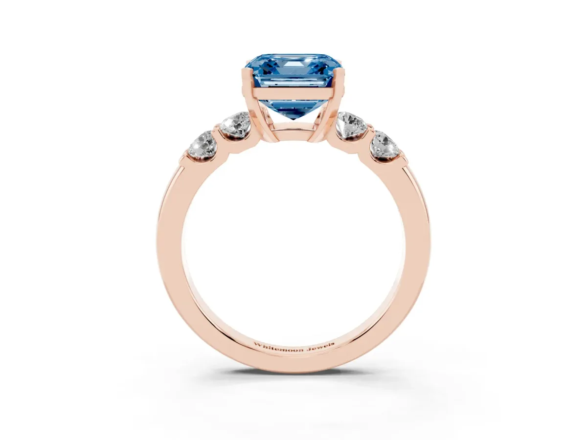 Fancy Blue Asscher Cut Brilliant Cut Diamond Five-Stone Prong Set Engagement Ring with Channel Band Rose gold