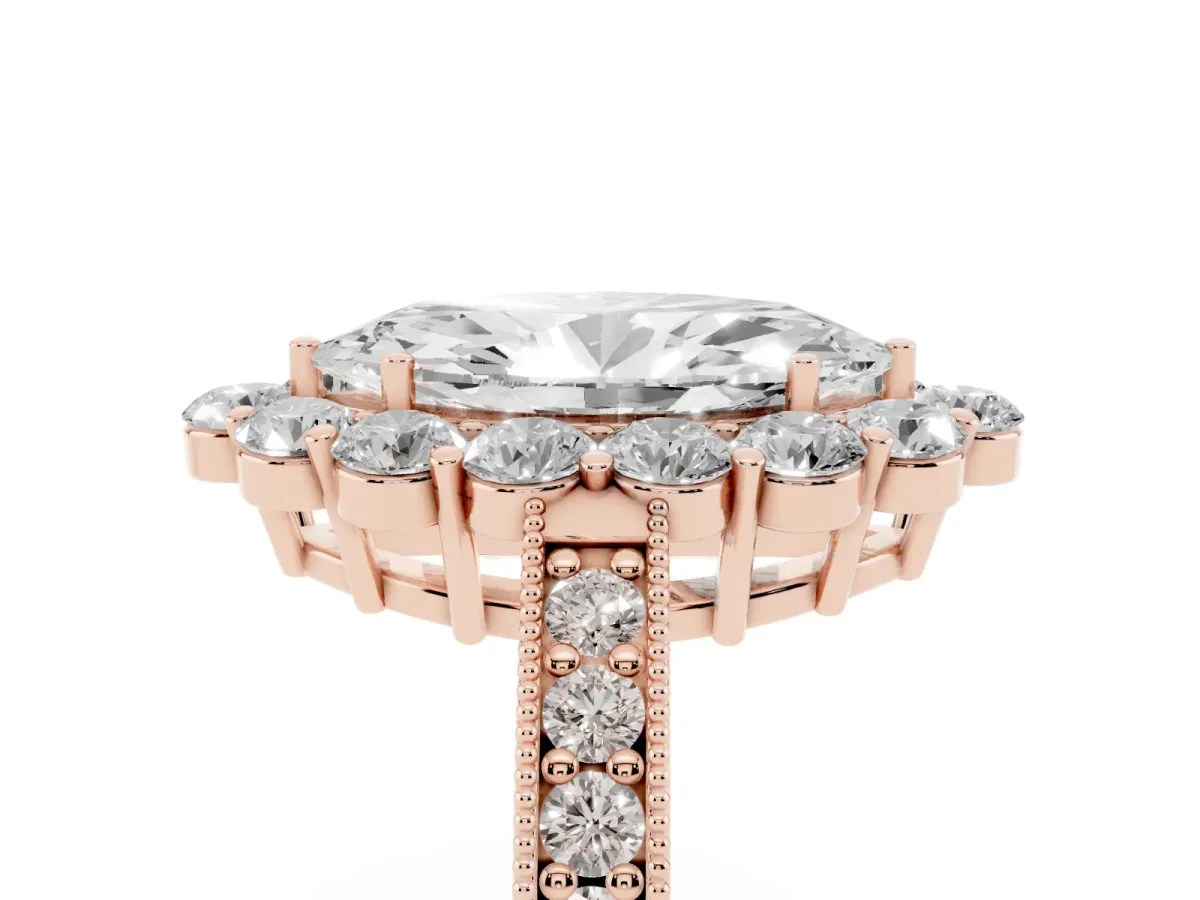 Marquise Cut Cut Halo Diamond Pavé Engagement Ring with Milgrain Detailing Rose gold