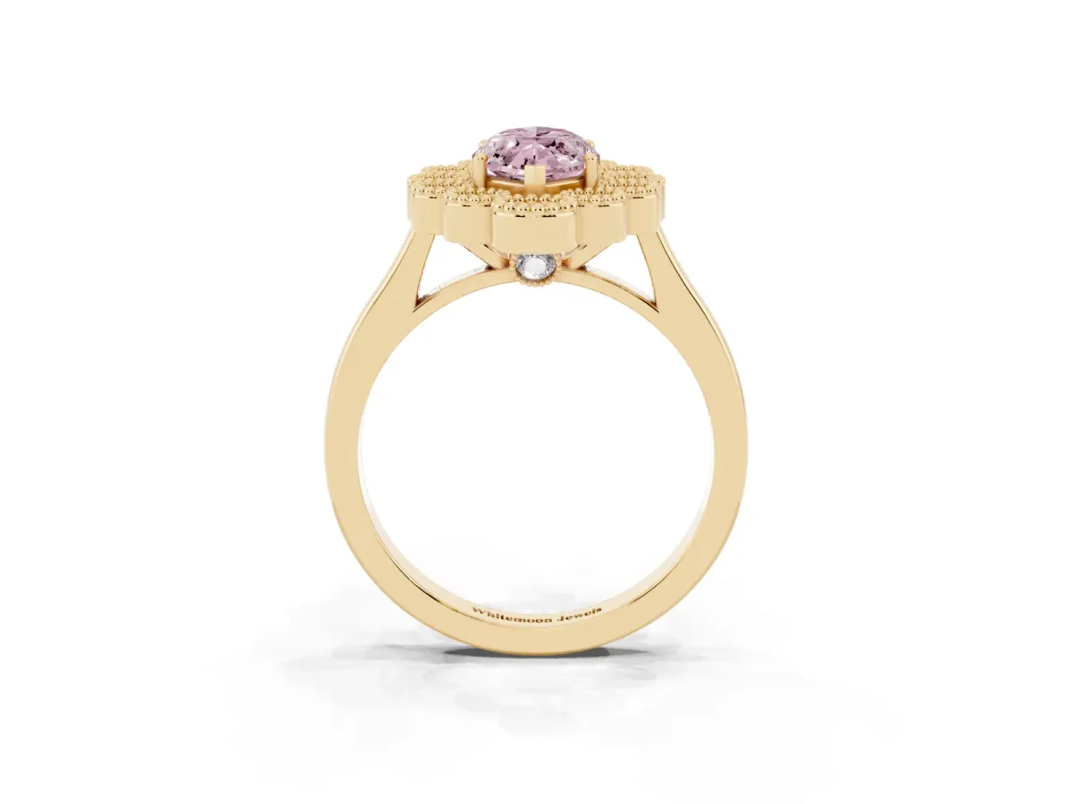 Fancy Pink Marquise Cut Halo Diamond Cluster Engagement Ring with Milgrain Bezel Setting and Solitaire Band Yellow gold