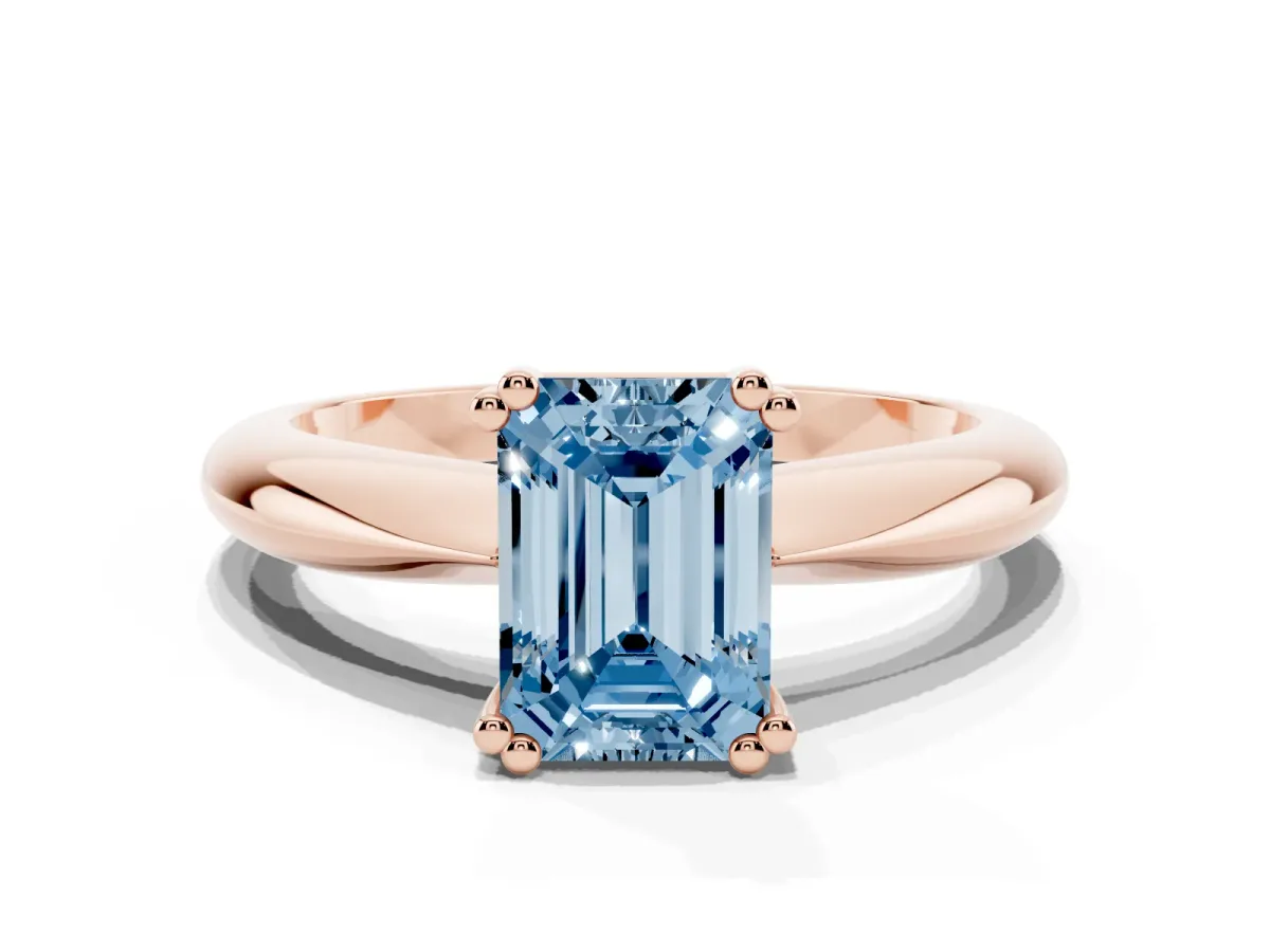 Fancy Blue Emerald Cut Cut Solitaire Engagement Ring with Tapered Band and Four-Prong Setting Rose gold