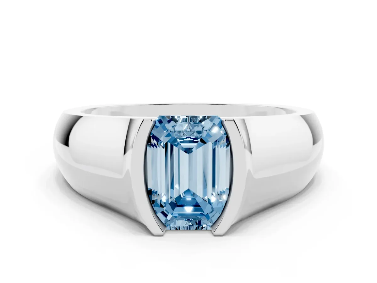 Fancy Blue Emerald Cut Solitaire Bezel Set Diamond Ring with Wide Band Platinum