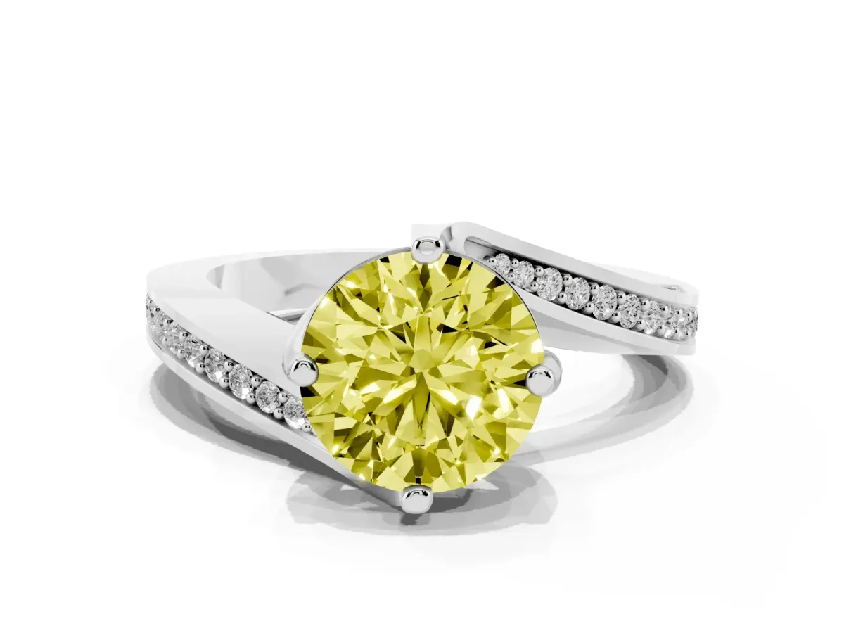 Fancy Yellow Round Cut Solitaire Diamond Twist Band with Pavé Setting and Four-Prong Setting Silver