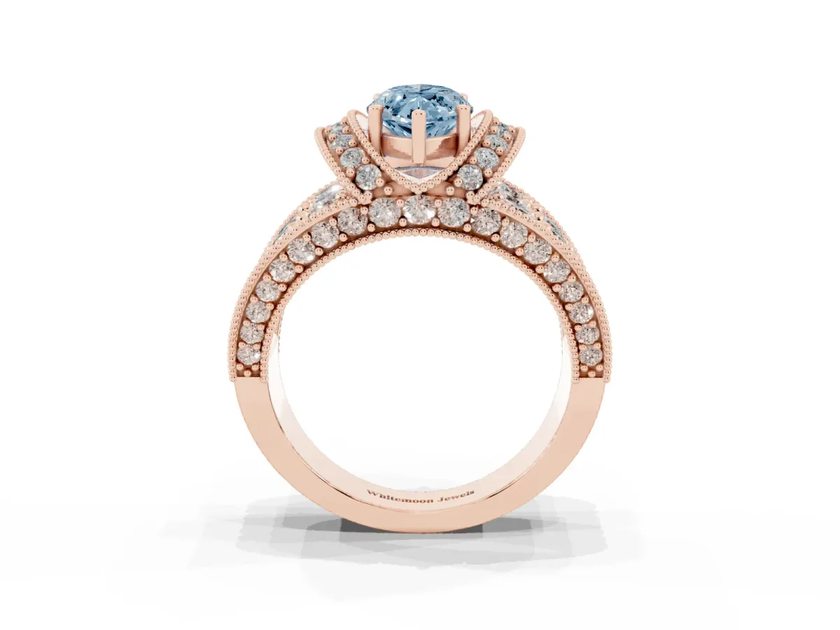 Fancy Blue Marquise Cut Halo Pave Diamond Engagement Ring with Milgrain Detailing Rose gold
