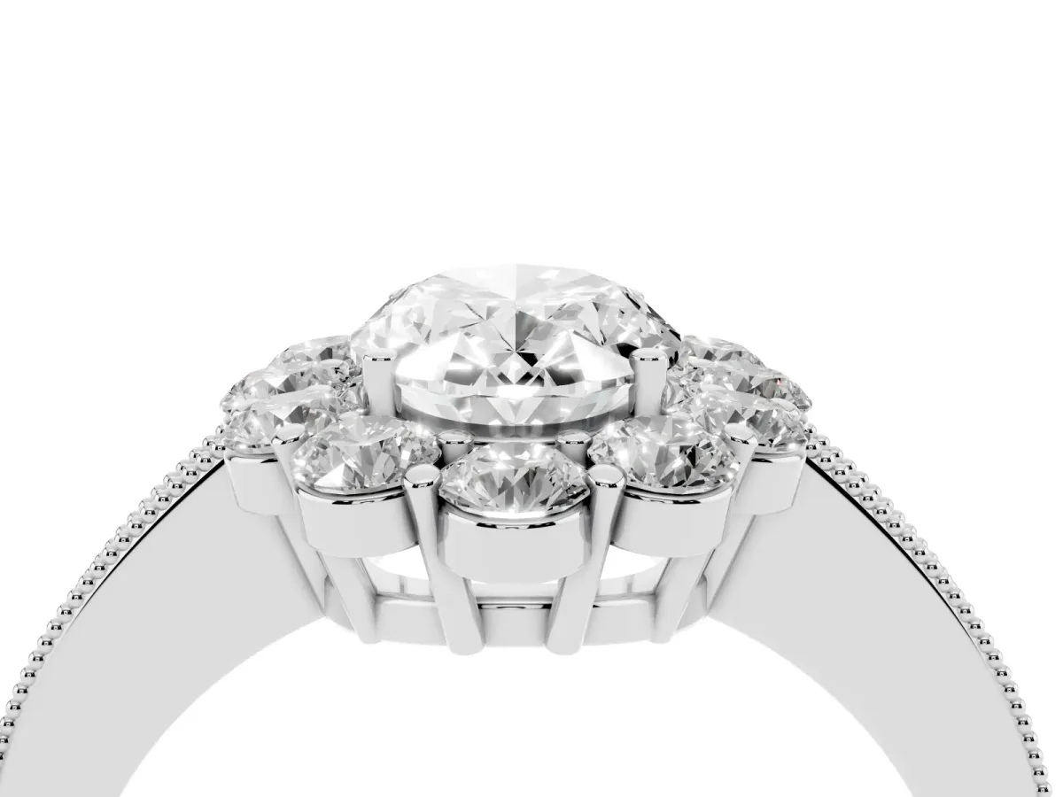 Oval Cut Cut Halo Diamond Pavé Engagement Ring with Milgrain Detailing Silver