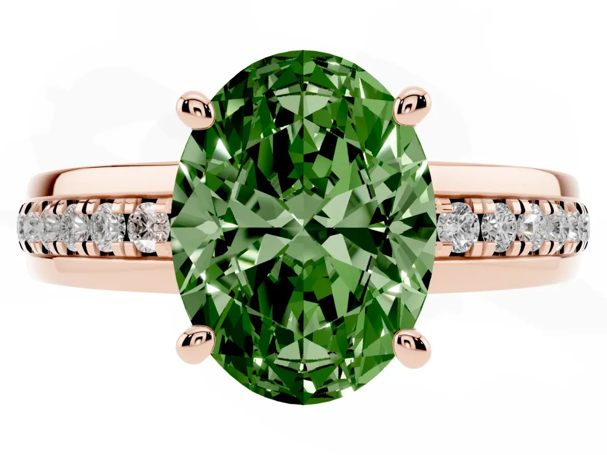 Fancy Green Oval Cut Solitaire Diamond Ring with Channel Set Band and Six-Prong Setting Rose gold