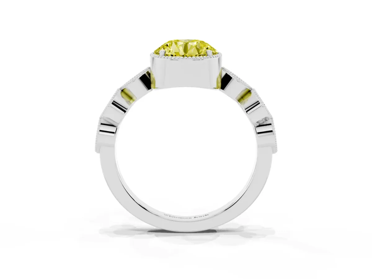 Fancy Yellow Round Cut Diamond Vintage Milgrain Ring with Round Stations Platinum