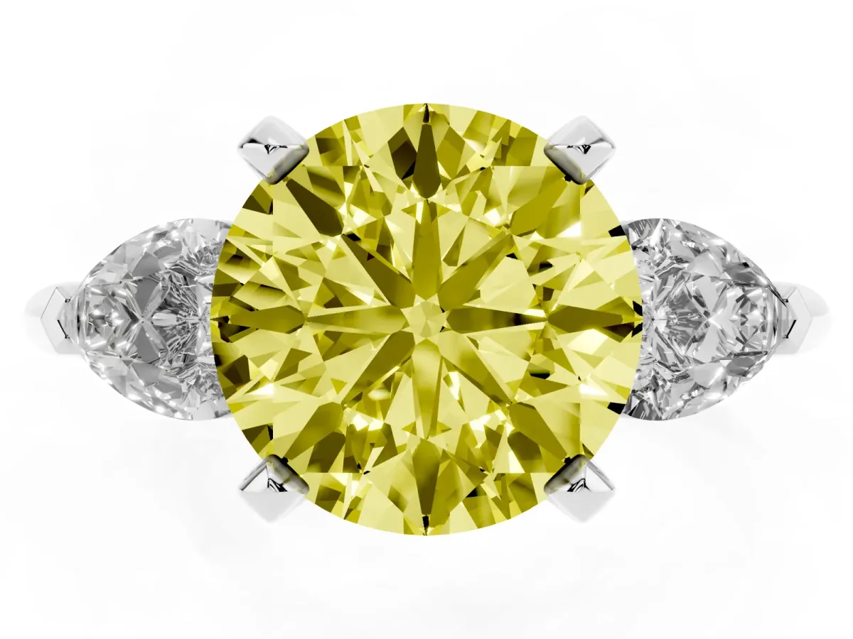 Fancy Yellow Three-Stone Round Cut Diamond Ring with Pear Side Stones and Four-Prong Setting Platinum